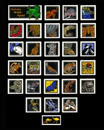 Australian Wildlife Alphabet - http://lynetteweir.com/linocut-australian-linocut-artist/australian-wildflower-alphabet-limited-edition-linocut-series/